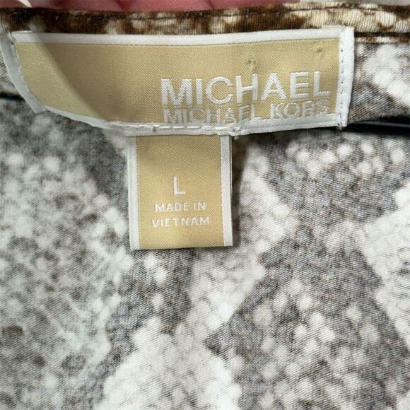 Michael Kors L Snake Print Wrap Top Brown Beige Faux Wrap Blouse Gold Zip Detail - Picture 8 of 10